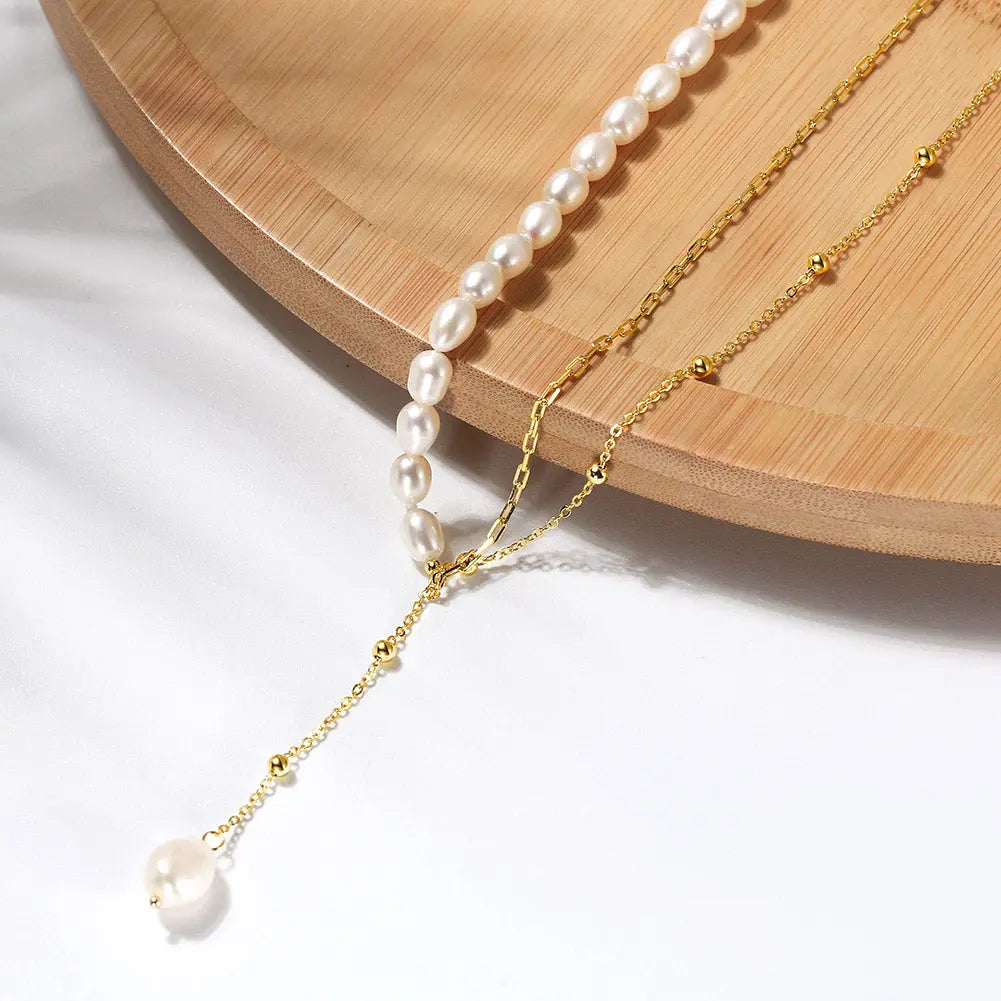 Cultured Freshwater Pearl 925 Sterling Silver 14K Gold Plated French Vintage Double-layer Necklace TQ