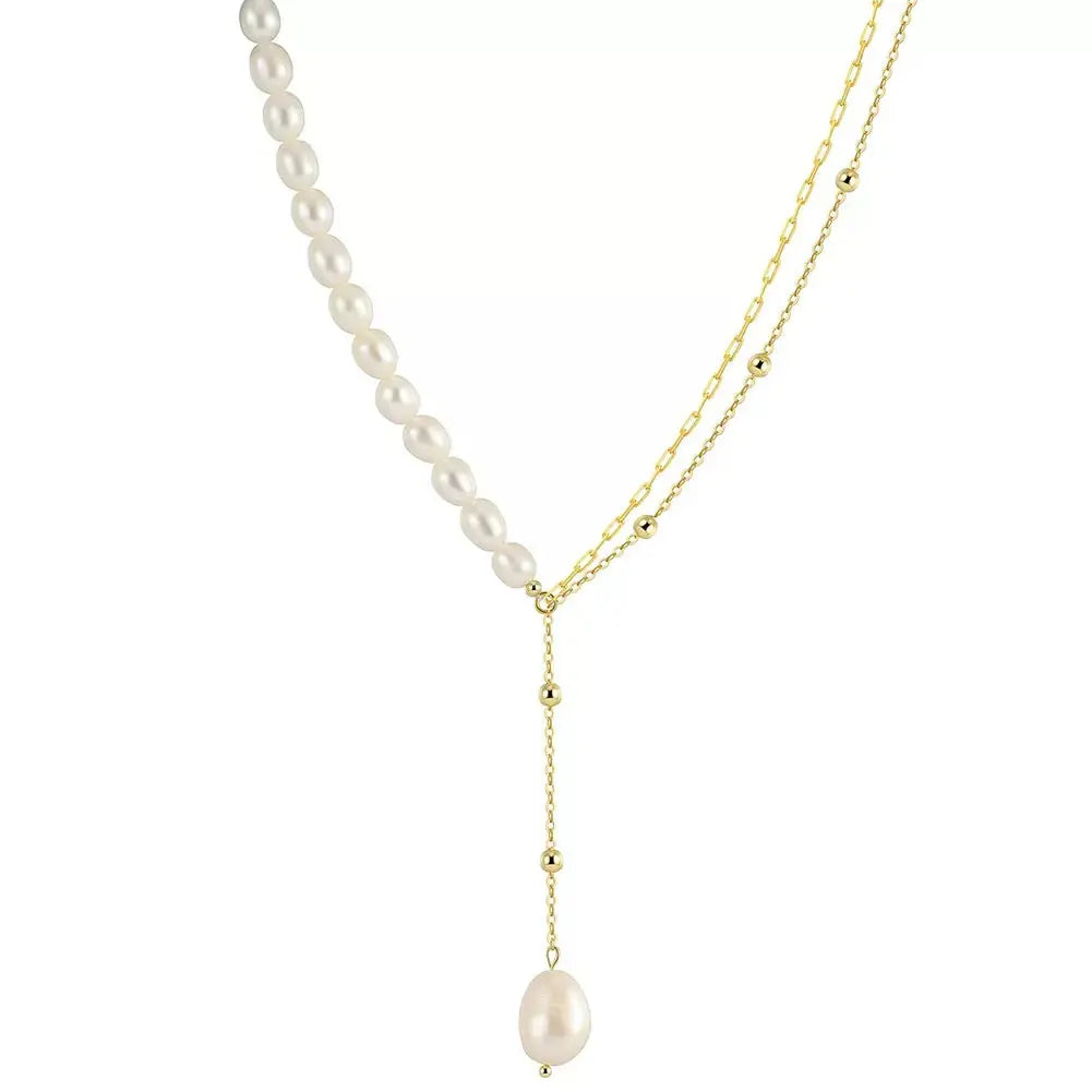 Cultured Freshwater Pearl 925 Sterling Silver 14K Gold Plated French Vintage Double-layer Necklace TQ