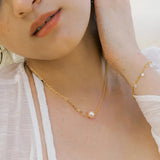Cultured Freshwater Pearl 14K Gold Plated 925 Sterling Silver Paperclip Necklace Bracelet Set TQ