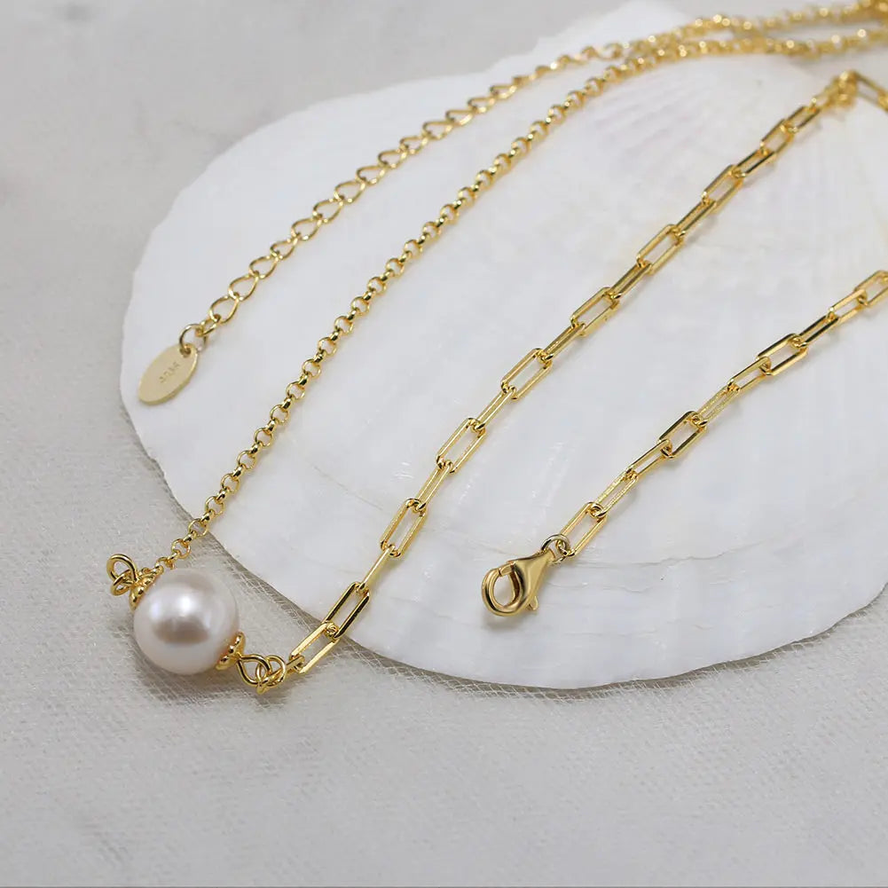 Cultured Freshwater Pearl 14K Gold Plated 925 Sterling Silver Paperclip Necklace Bracelet Set TQ