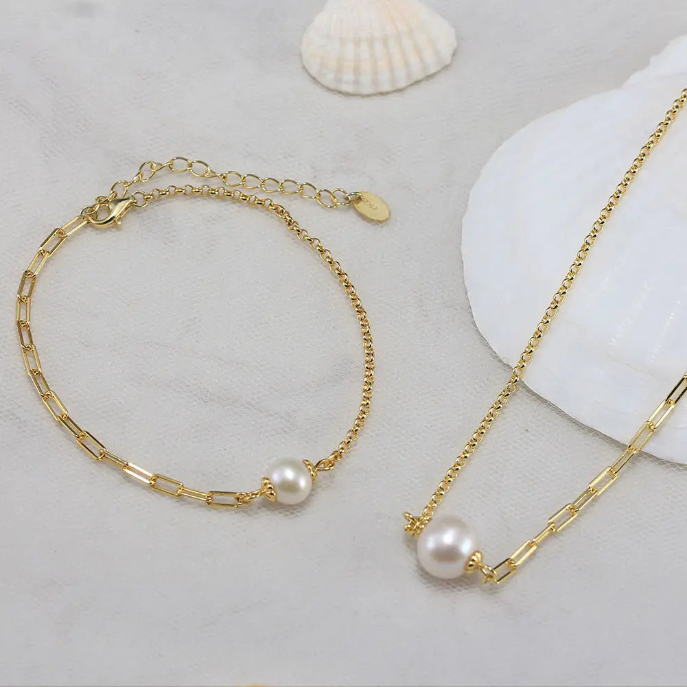 Cultured Freshwater Pearl 14K Gold Plated 925 Sterling Silver Paperclip Necklace Bracelet Set TQ