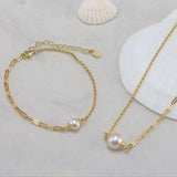 Cultured Freshwater Pearl 14K Gold Plated 925 Sterling Silver Paperclip Necklace Bracelet Set TQ