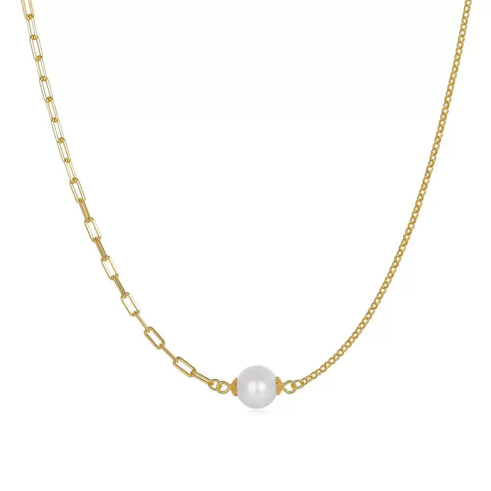 Cultured Freshwater Pearl 14K Gold Plated 925 Sterling Silver Paperclip Necklace TQ