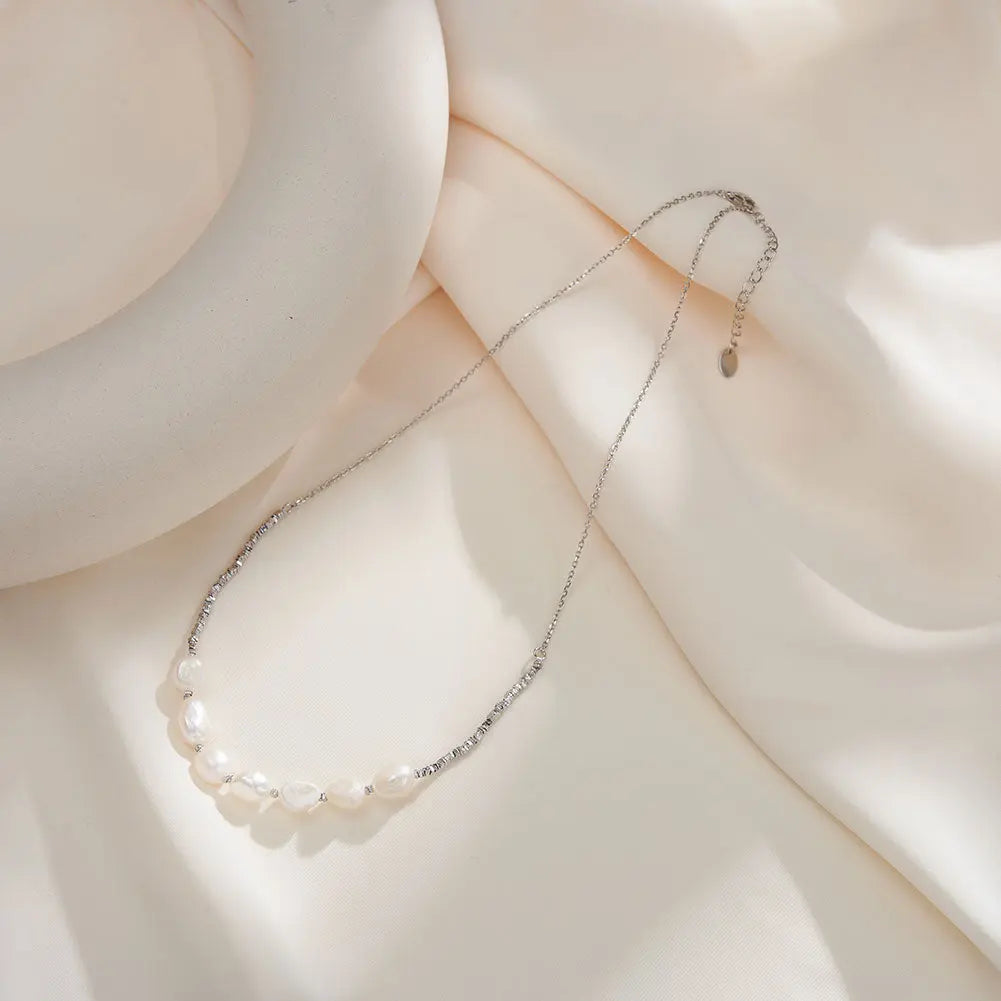 Cultured Freshwater Pearl 14K Gold Plated 925 Sterling Silver Patchwork Necklace TQ