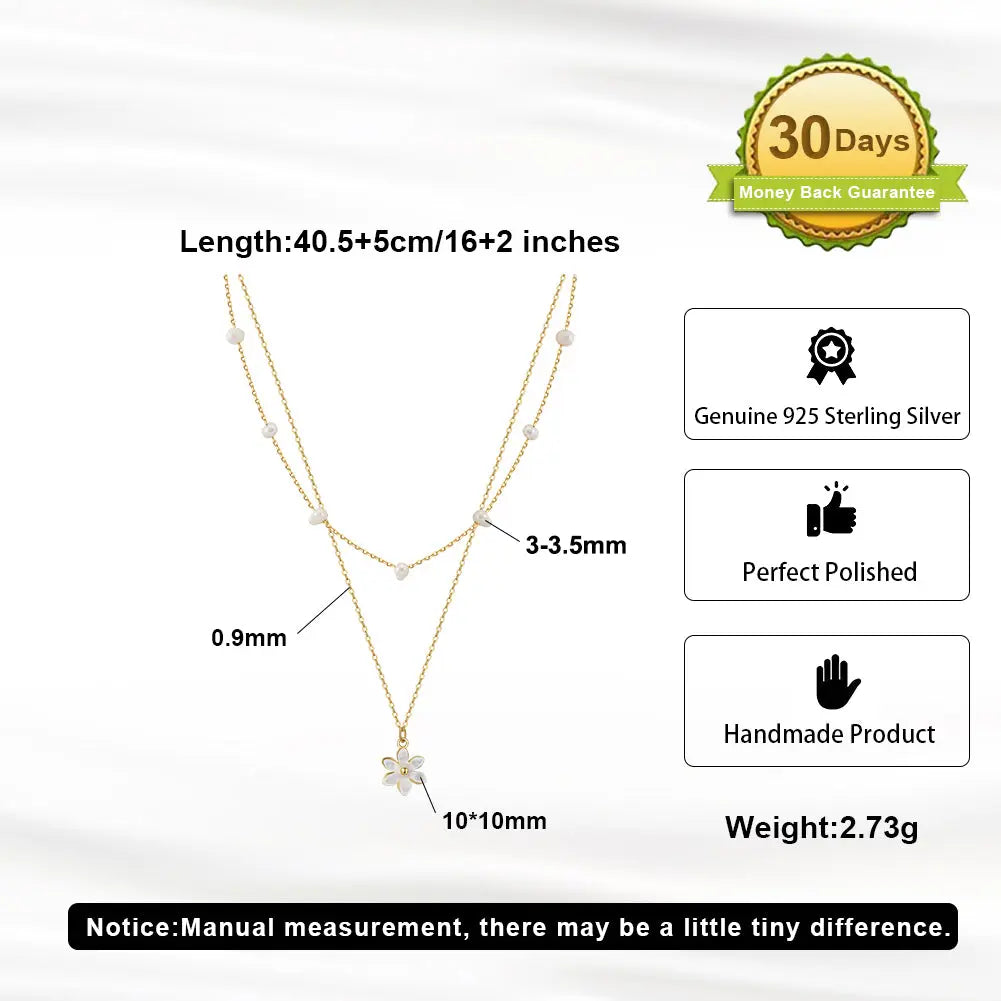 Cultured Freshwater Pearl 14K Gold Plated 925 Sterling Silver Flower Double Necklace TQ