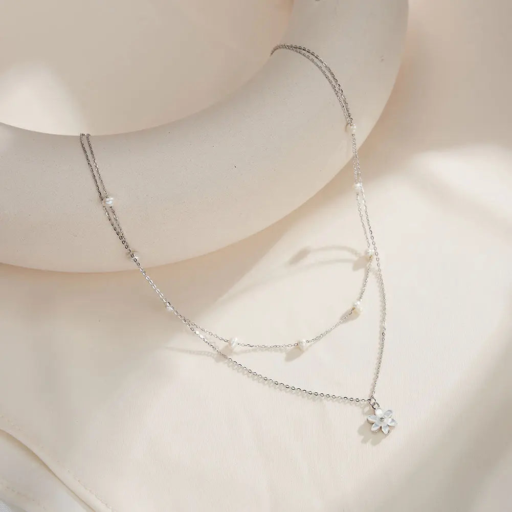 Cultured Freshwater Pearl 14K Gold Plated 925 Sterling Silver Flower Double Necklace TQ