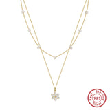 Cultured Freshwater Pearl 14K Gold Plated 925 Sterling Silver Flower Double Necklace TQ