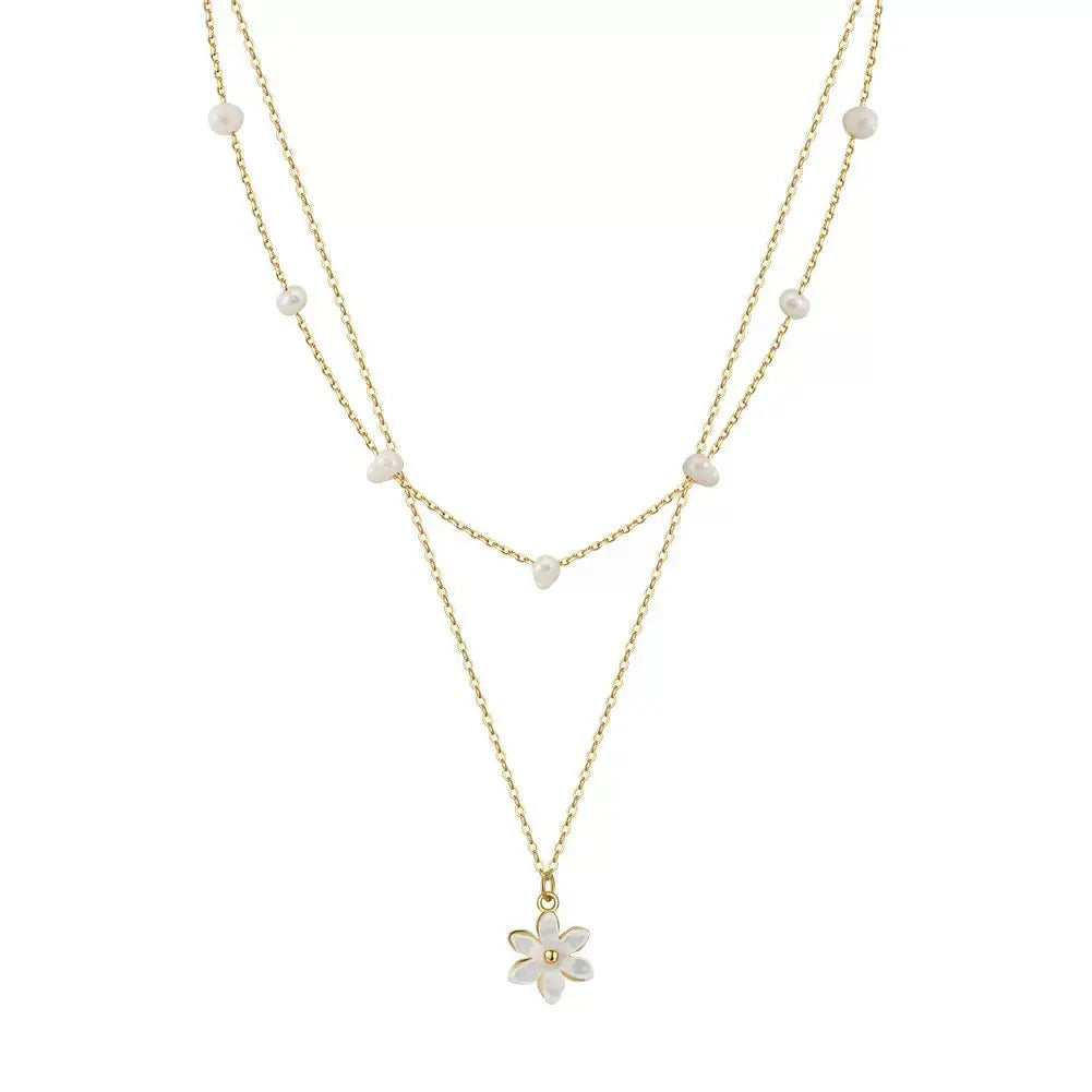 Cultured Freshwater Pearl 14K Gold Plated 925 Sterling Silver Flower Double Necklace TQ
