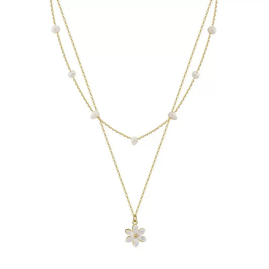 Cultured Freshwater Pearl 14K Gold Plated 925 Sterling Silver Flower Double Necklace TQ