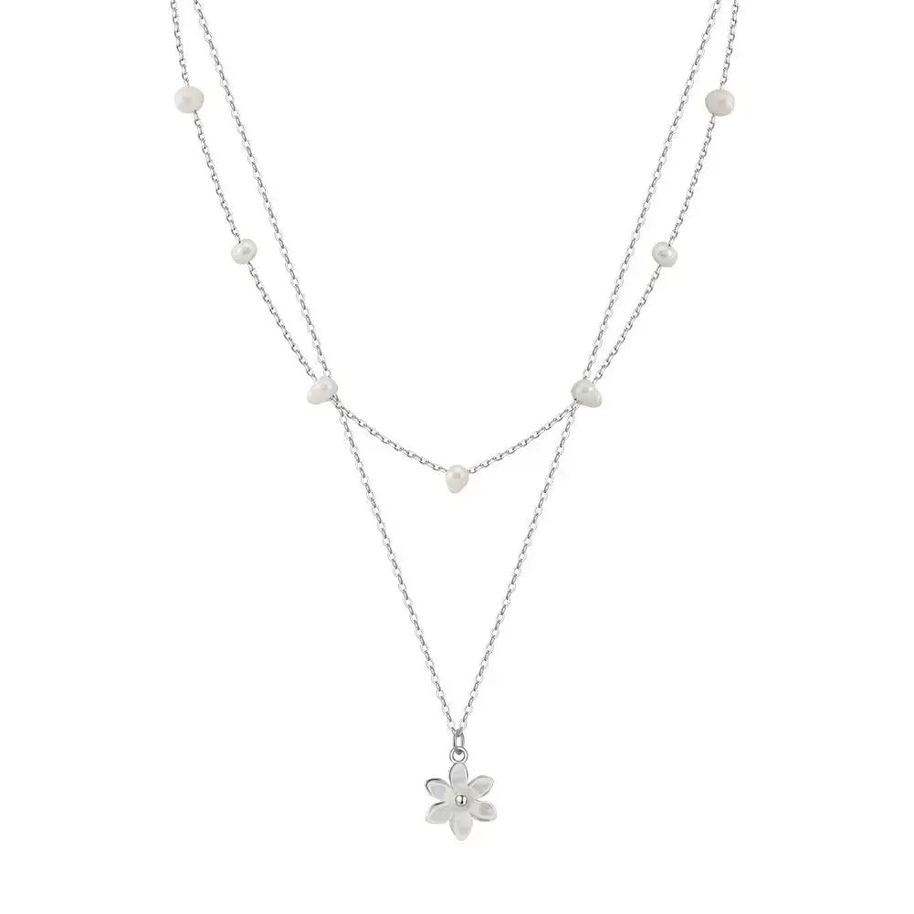 Cultured Freshwater Pearl 14K Gold Plated 925 Sterling Silver Flower Double Necklace TQ