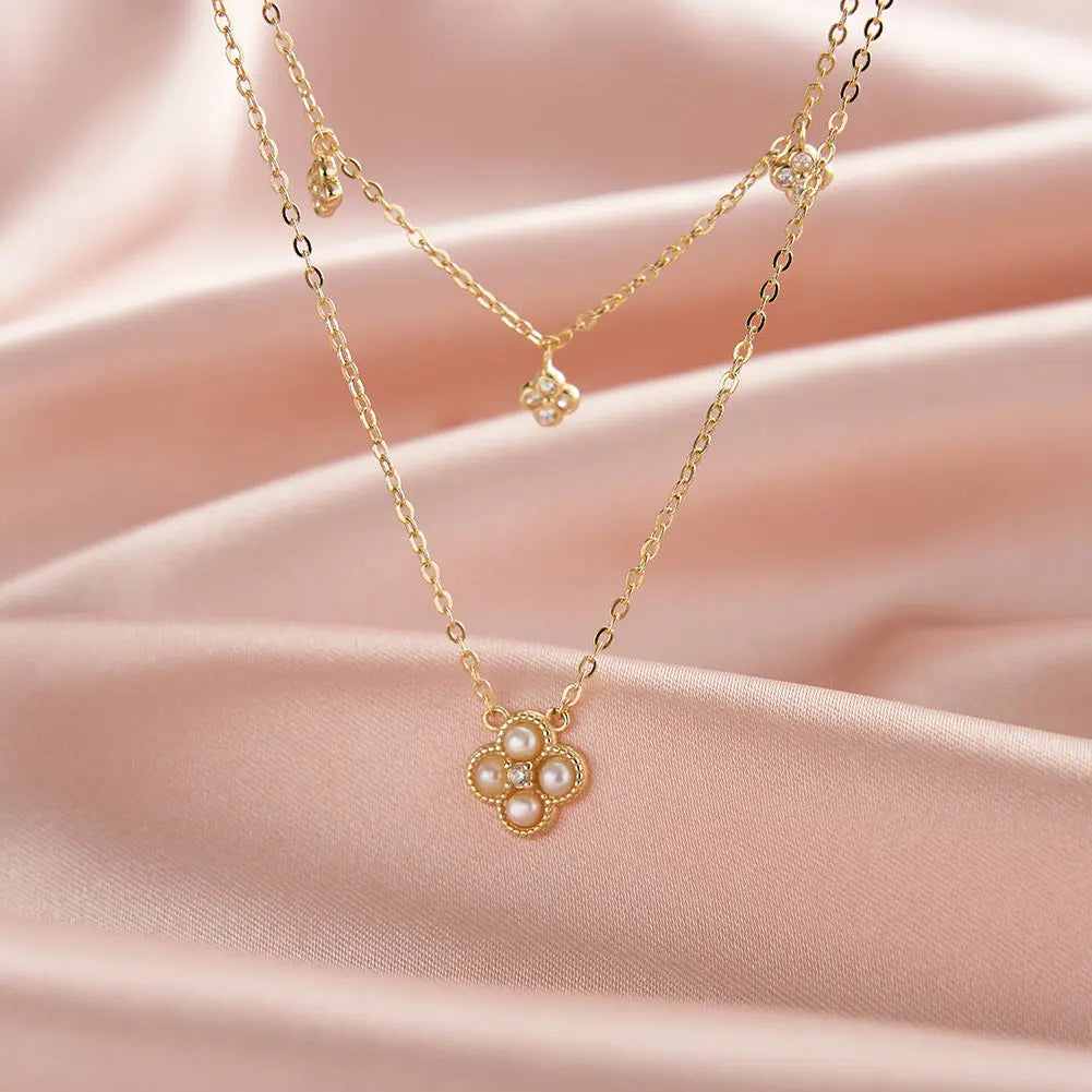 Cultured Freashwater Pearl 14K Gold Plated 925 Sterling Silver Four-leaf Clover Star Double Necklace TQ