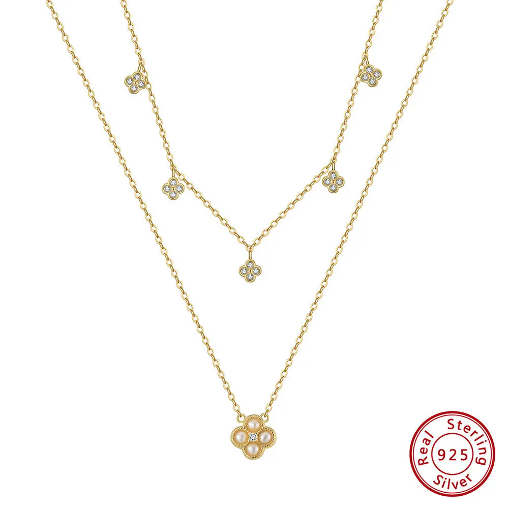 Cultured Freashwater Pearl 14K Gold Plated 925 Sterling Silver Four-leaf Clover Star Double Necklace TQ