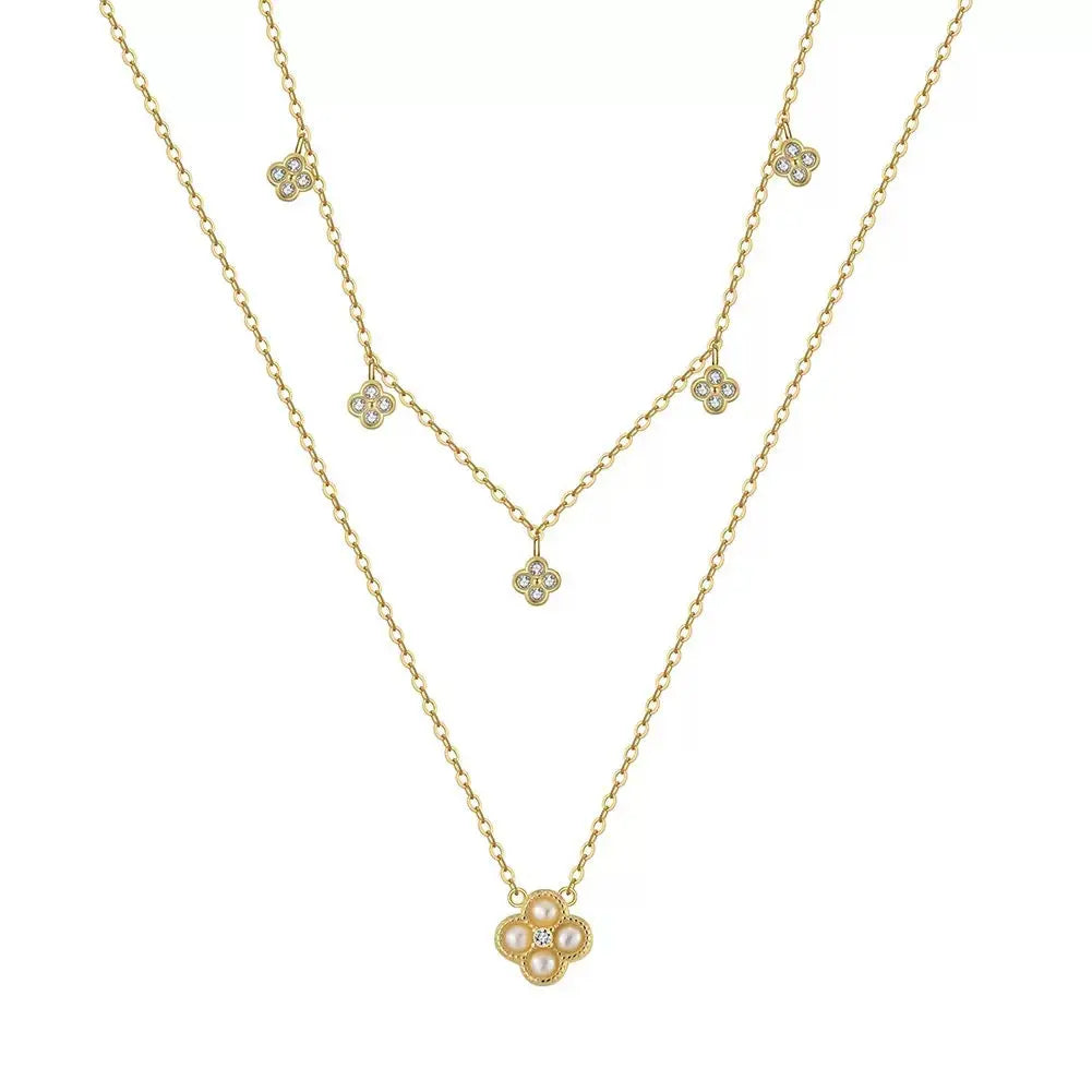 Cultured Freashwater Pearl 14K Gold Plated 925 Sterling Silver Four-leaf Clover Star Double Necklace TQ