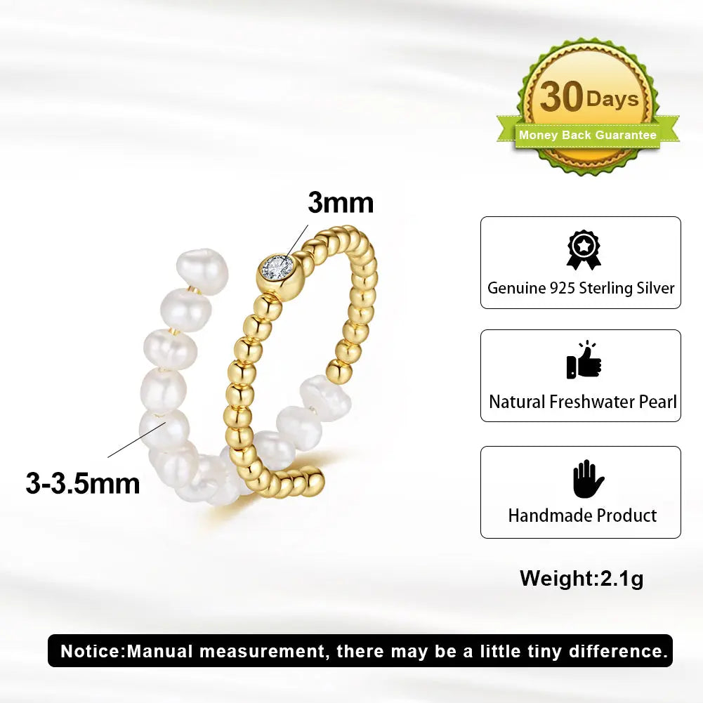 Natural Freshwater Pearl 925 Silver 14K Gold-plated Zircon Adjustable Open Ring TQ