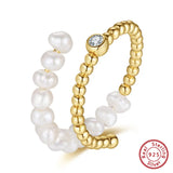 Natural Freshwater Pearl 925 Silver 14K Gold-plated Zircon Adjustable Open Ring TQ