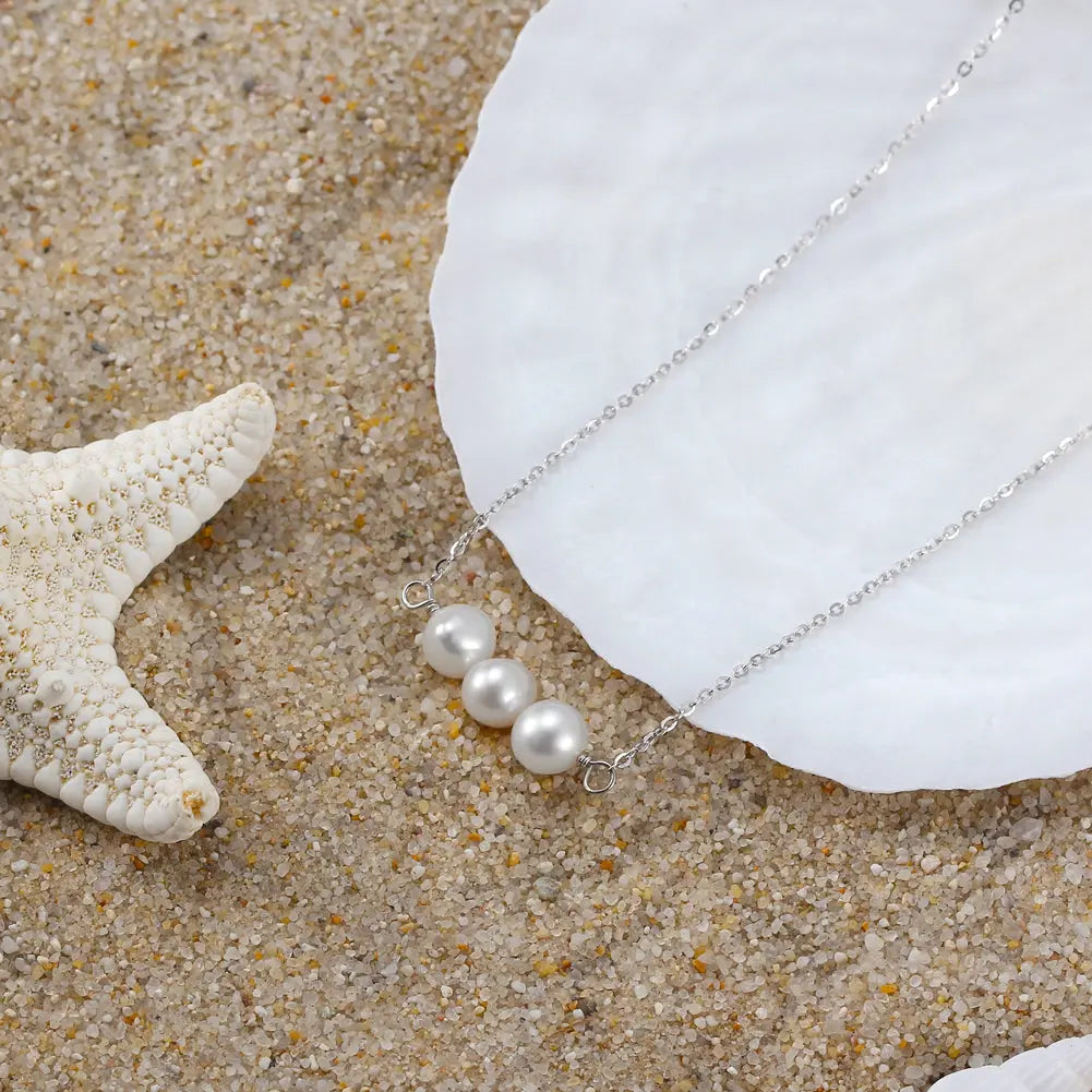 Cultured Freshwater Pearl 14K Gold Plated 925 Sterling Silver Three Pearl Necklace TQ