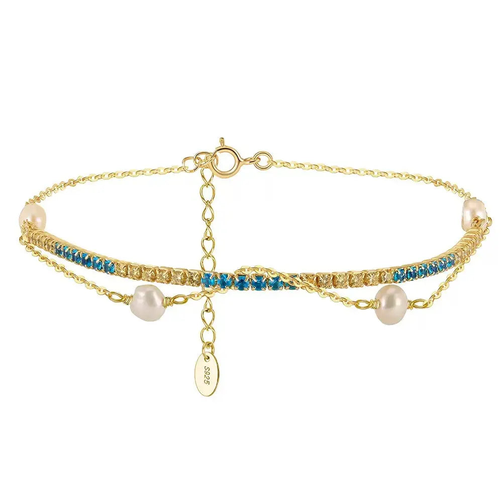 Cultured Freshwater Pearl 14K Gold Plated 925 Silver Ocean Blue Tennis Bracelet TQ