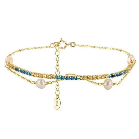 Cultured Freshwater Pearl 14K Gold Plated 925 Silver Ocean Blue Tennis Bracelet TQ
