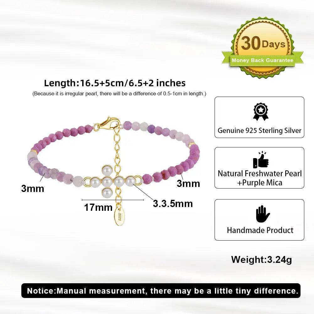 Natural Freshwater Pearl 925 Sterling Silver Purple Mica Bracelet TQ