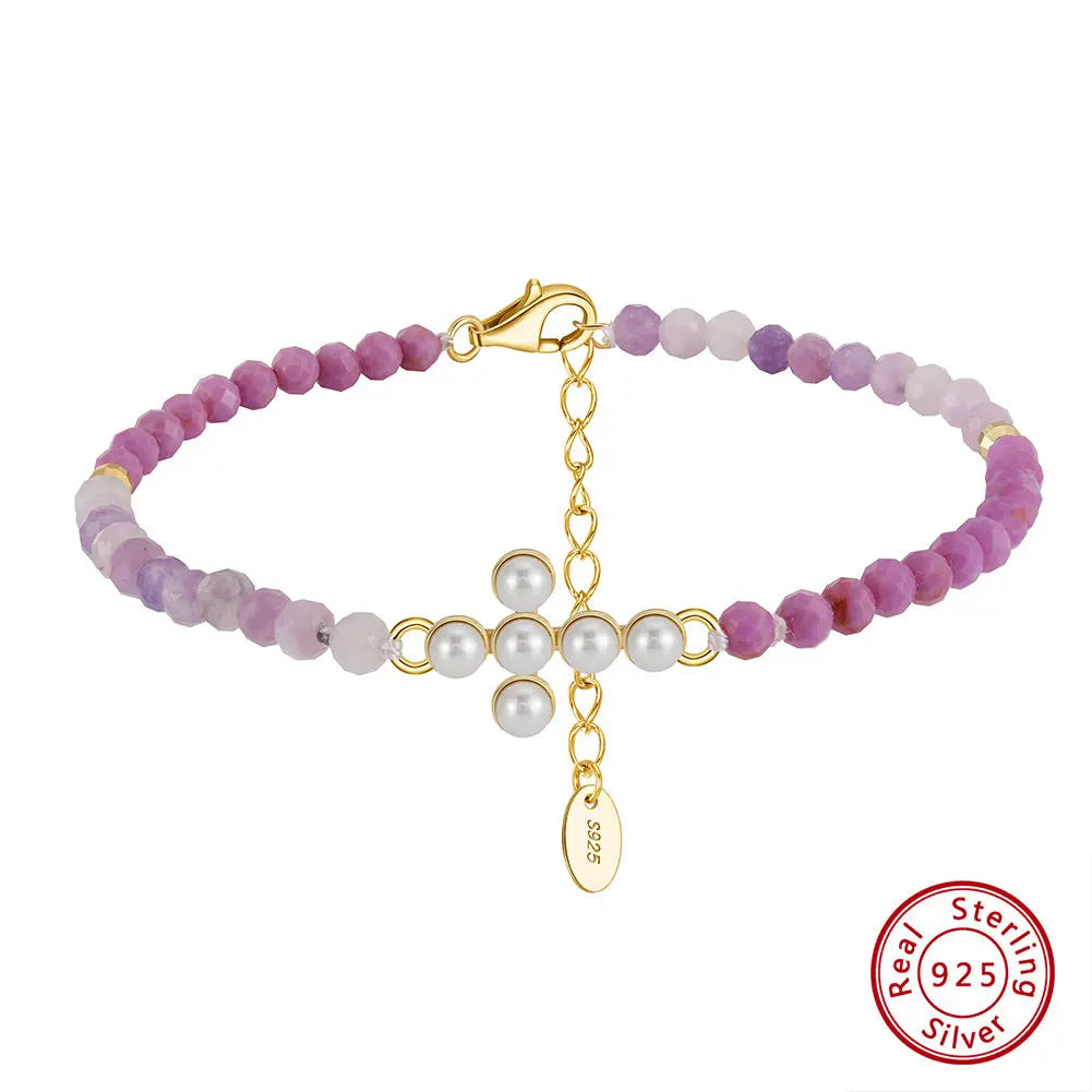 Natural Freshwater Pearl 925 Sterling Silver Purple Mica Bracelet TQ