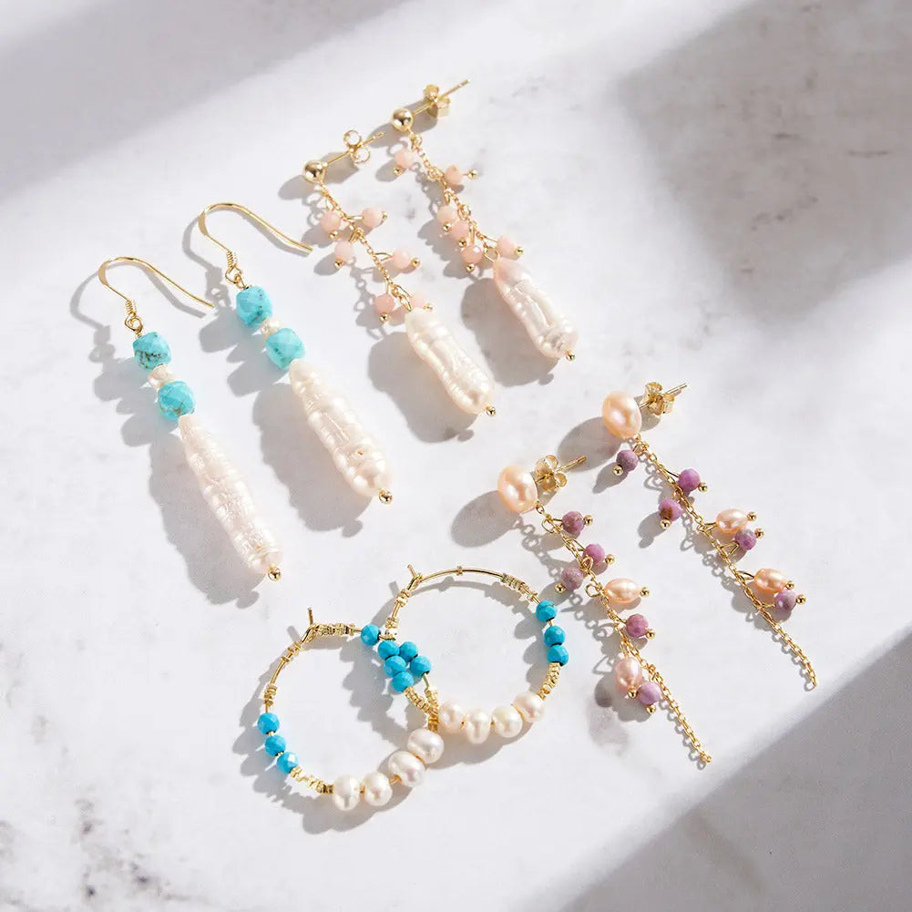 Natural Freshwater Pearl Turquoise 14K Gold Plated 925 Sterling Silver Earrings TQ