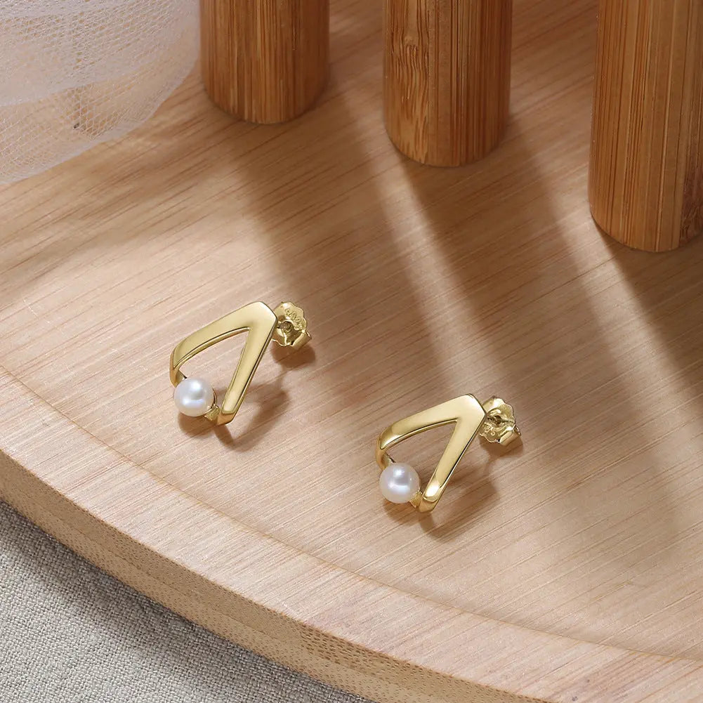 Cultured Freashwater Pear 14K Gold Plated 925 Sterling Silver Triangle Earrings TQ