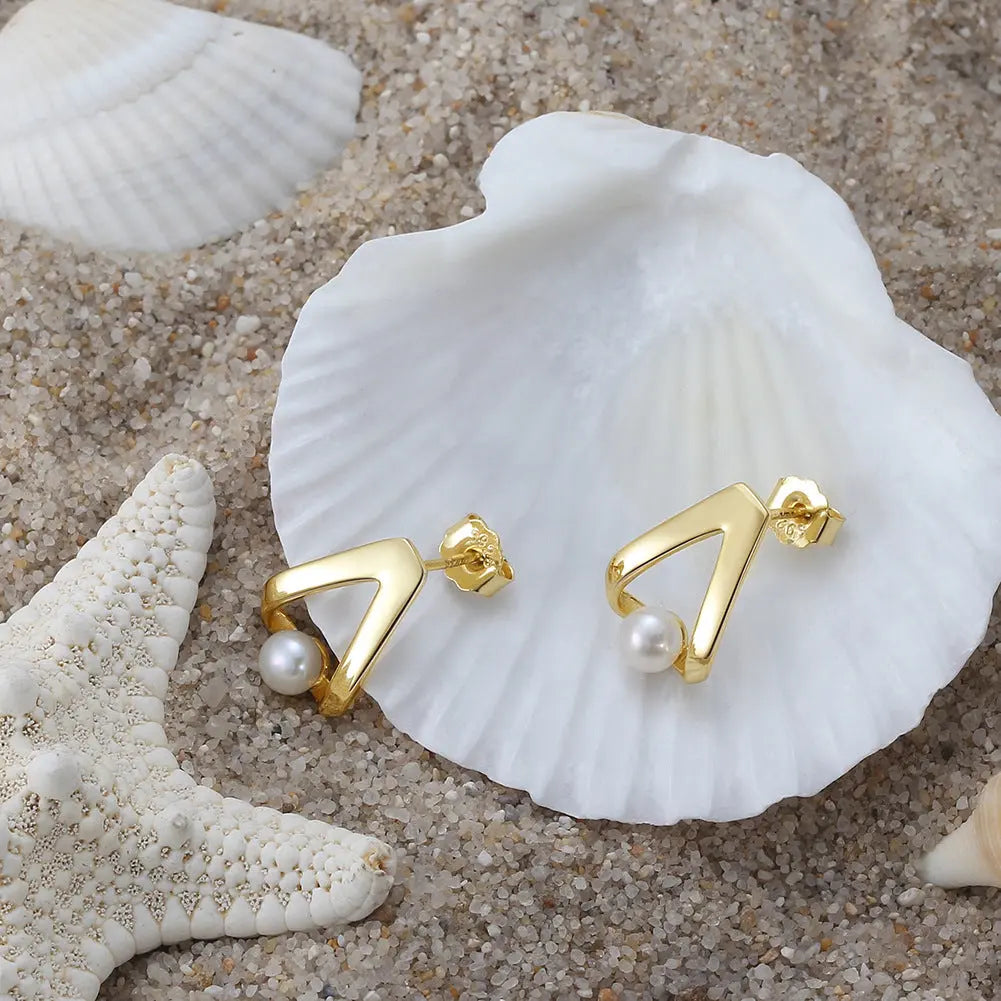 Cultured Freashwater Pear 14K Gold Plated 925 Sterling Silver Triangle Earrings TQ