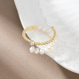 Natural Freshwater Pearl 925 Silver 14K Gold-plated Zircon Adjustable Open Ring TQ