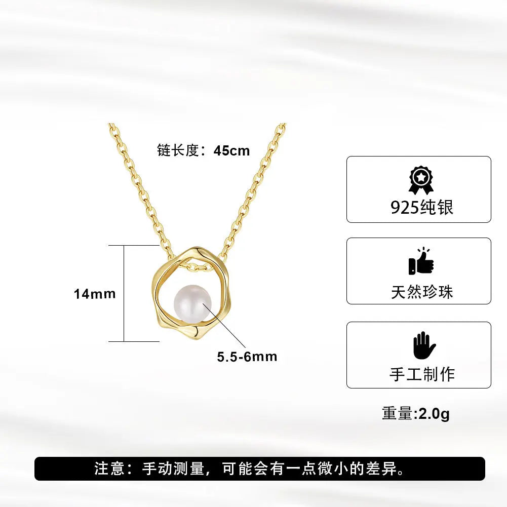 Luxury-lite geometric flower natural pearl necklace for women, versatile and suitable for all occasions. 925 silver pendant as a simple accessory, collar chain. TWINKLE QUEEN