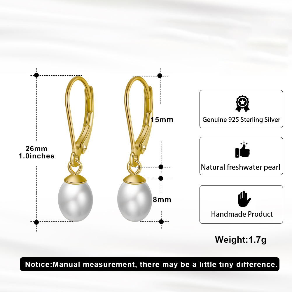 Sterling Silver/Rose Gold Leverback White Freshwater Cultured Pearl Drop Earring for Wedding Jewelry Gift for Women TWINKLE QUEEN