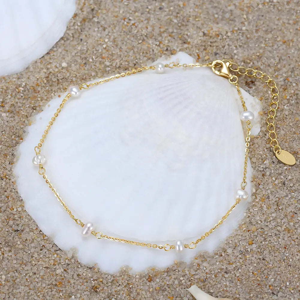 Natural Freshwater Pearls 14K Gold Plated 925 Sterling Silver Baroque Bead Anklet TQ