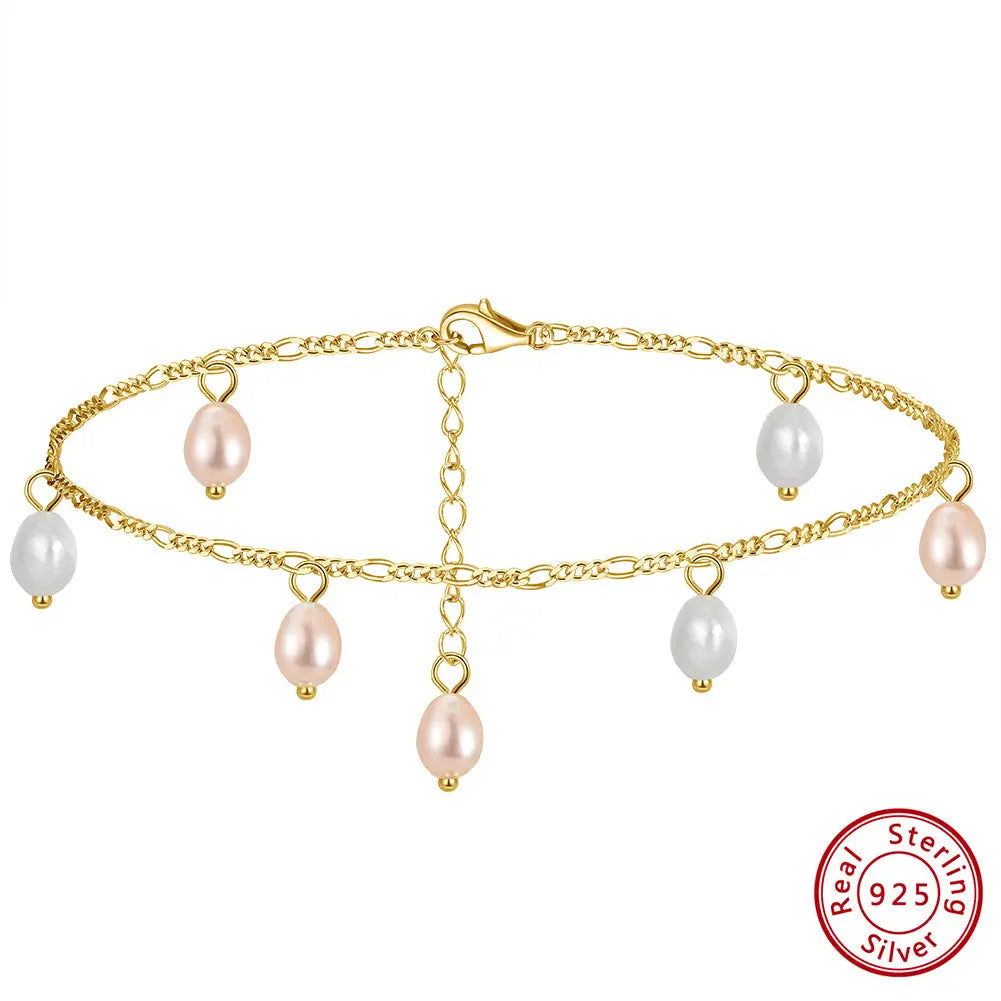Natural freshwater Pearls 14K Gold Plated 925 Sterling Silver Orange Millet Bead Anklet TQ
