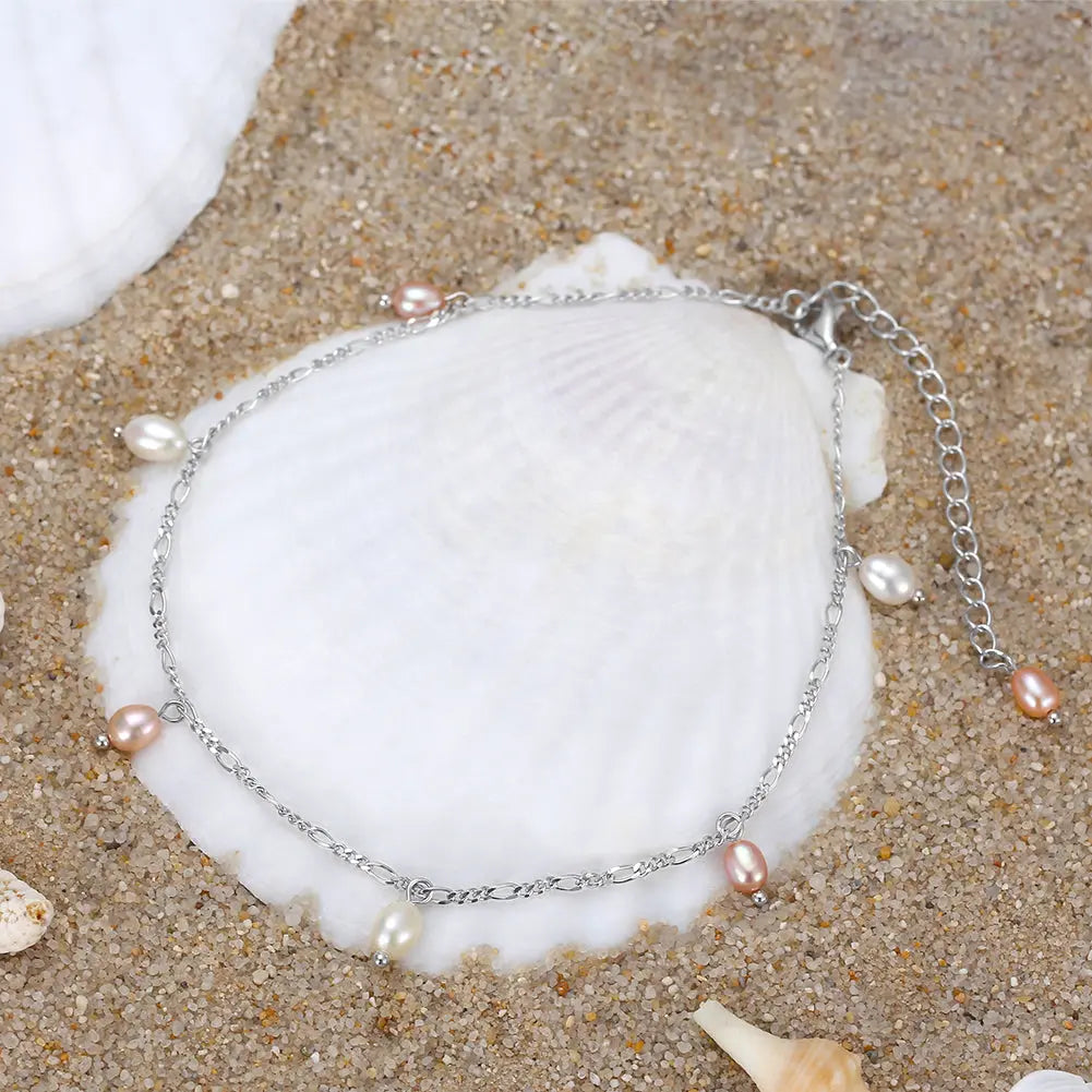 Natural freshwater Pearls 14K Gold Plated 925 Sterling Silver Orange Millet Bead Anklet TQ