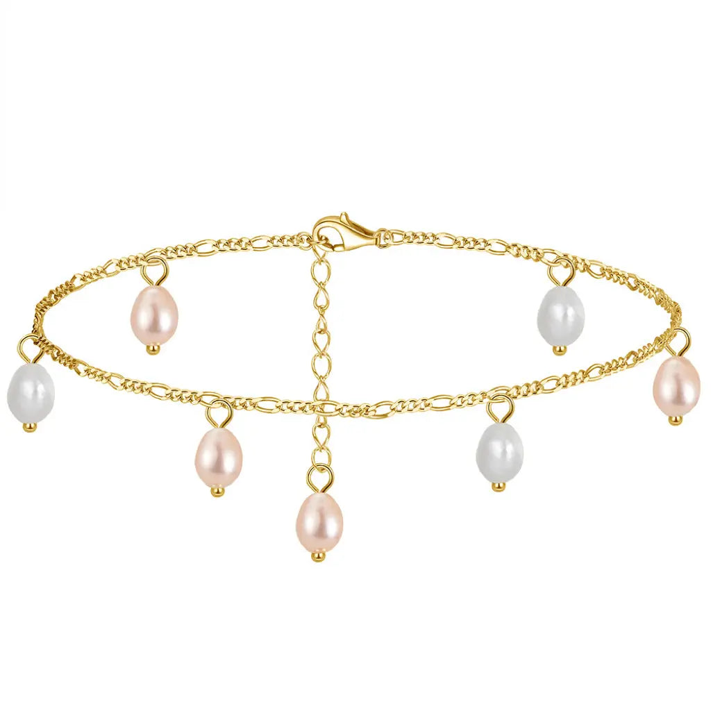 Natural freshwater Pearls 14K Gold Plated 925 Sterling Silver Orange Millet Bead Anklet TQ