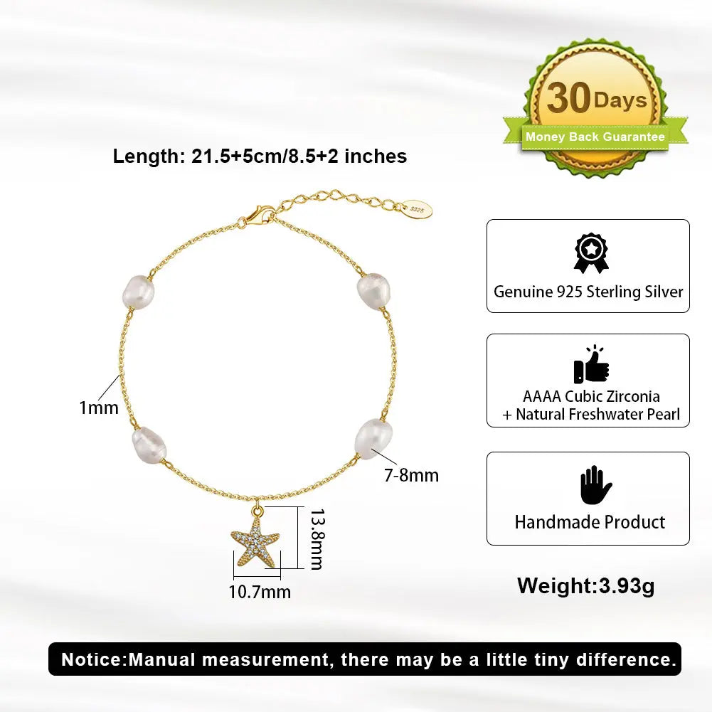 Freshwater Pearl 925 Sterling Silver 14K Gold Plated Starfish Anklet TQ