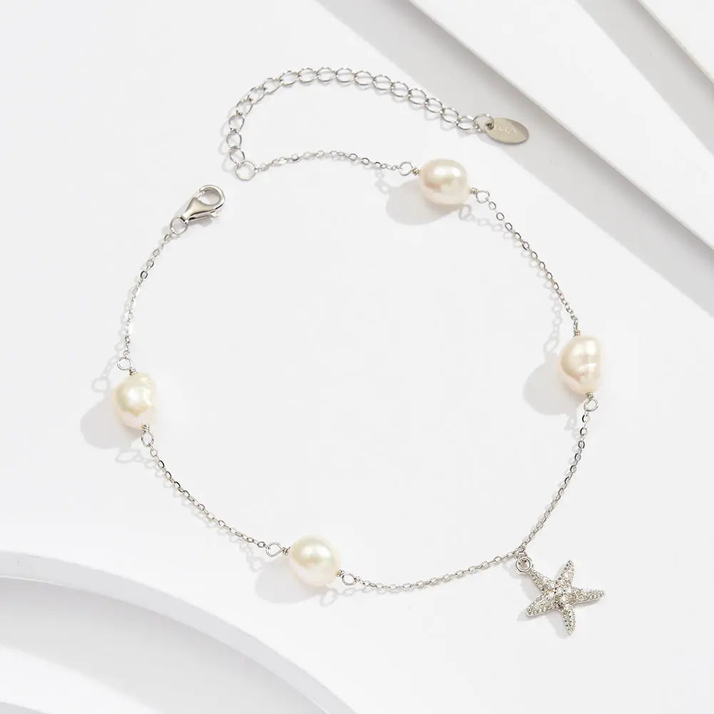 Freshwater Pearl 925 Sterling Silver 14K Gold Plated Starfish Anklet TQ