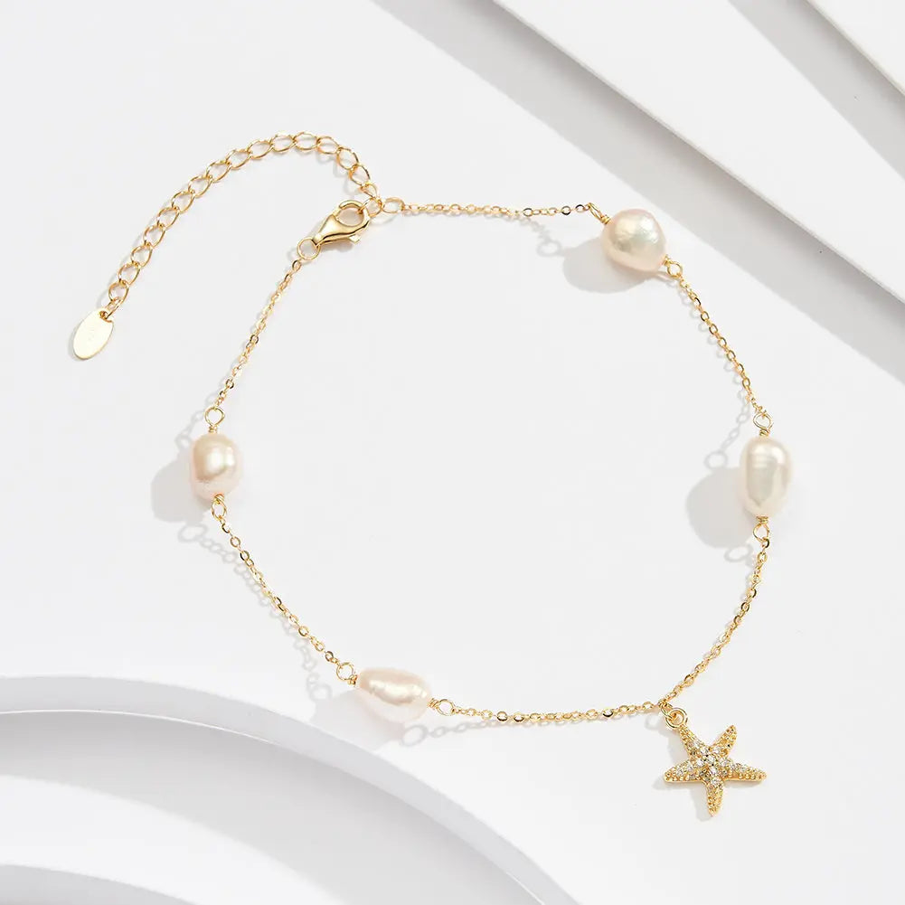 Freshwater Pearl 925 Sterling Silver 14K Gold Plated Starfish Anklet TQ