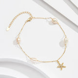 Freshwater Pearl 925 Sterling Silver 14K Gold Plated Starfish Anklet TQ