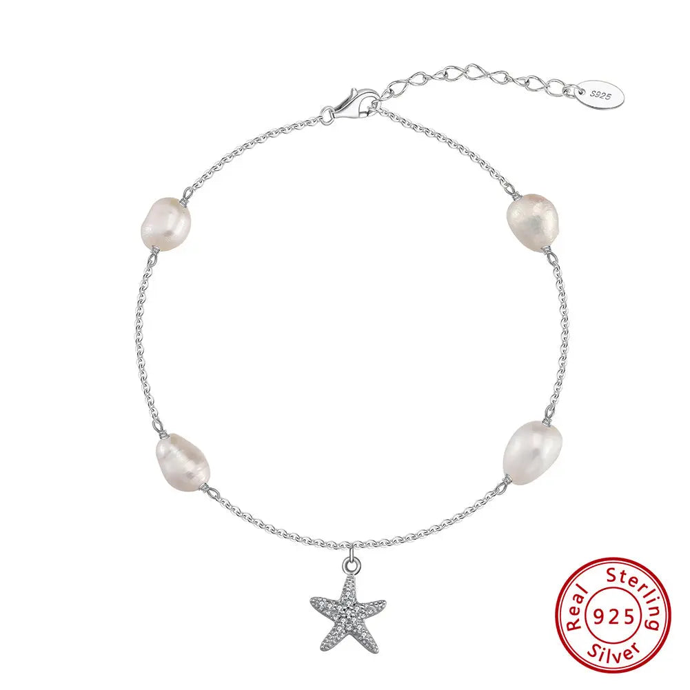 Freshwater Pearl 925 Sterling Silver 14K Gold Plated Starfish Anklet TQ