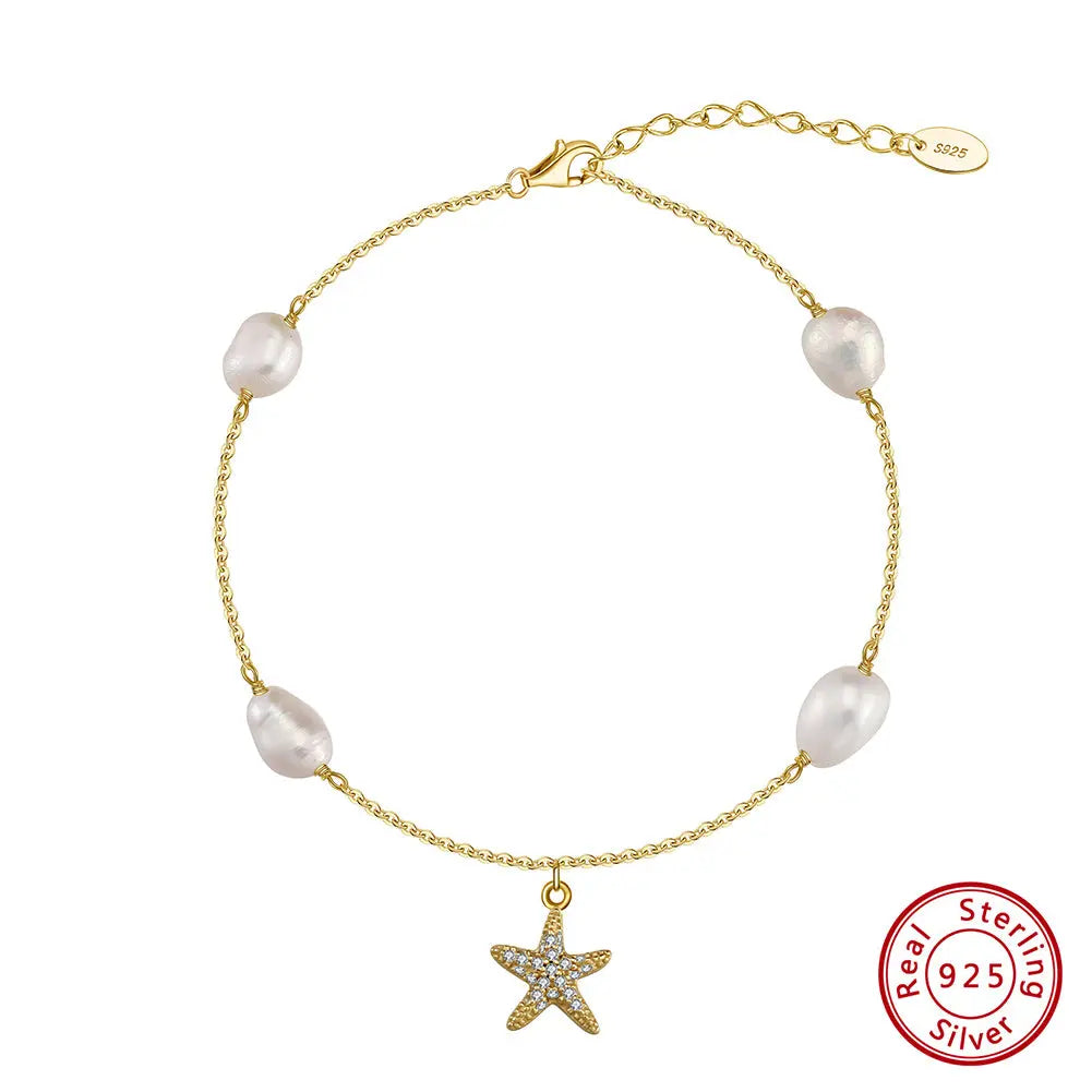 Freshwater Pearl 925 Sterling Silver 14K Gold Plated Starfish Anklet TQ