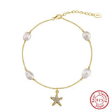 Freshwater Pearl 925 Sterling Silver 14K Gold Plated Starfish Anklet TQ