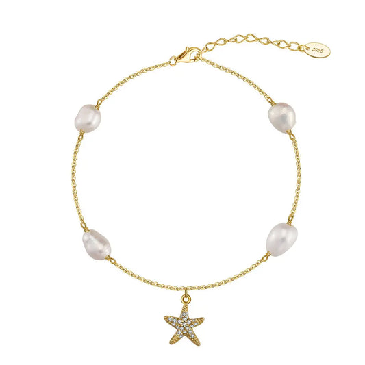 Freshwater Pearl 925 Sterling Silver 14K Gold Plated Starfish Anklet TQ