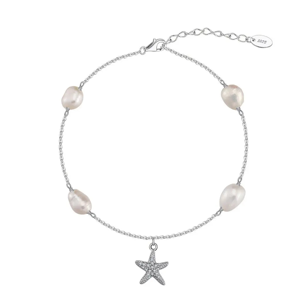 Freshwater Pearl 925 Sterling Silver 14K Gold Plated Starfish Anklet TQ