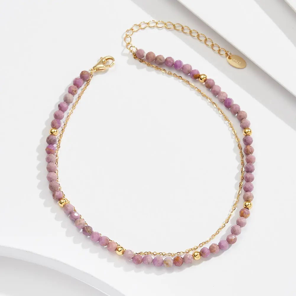 14K Gold Plated 925 Sterling Silver Purple Mica Double Anklet TQ