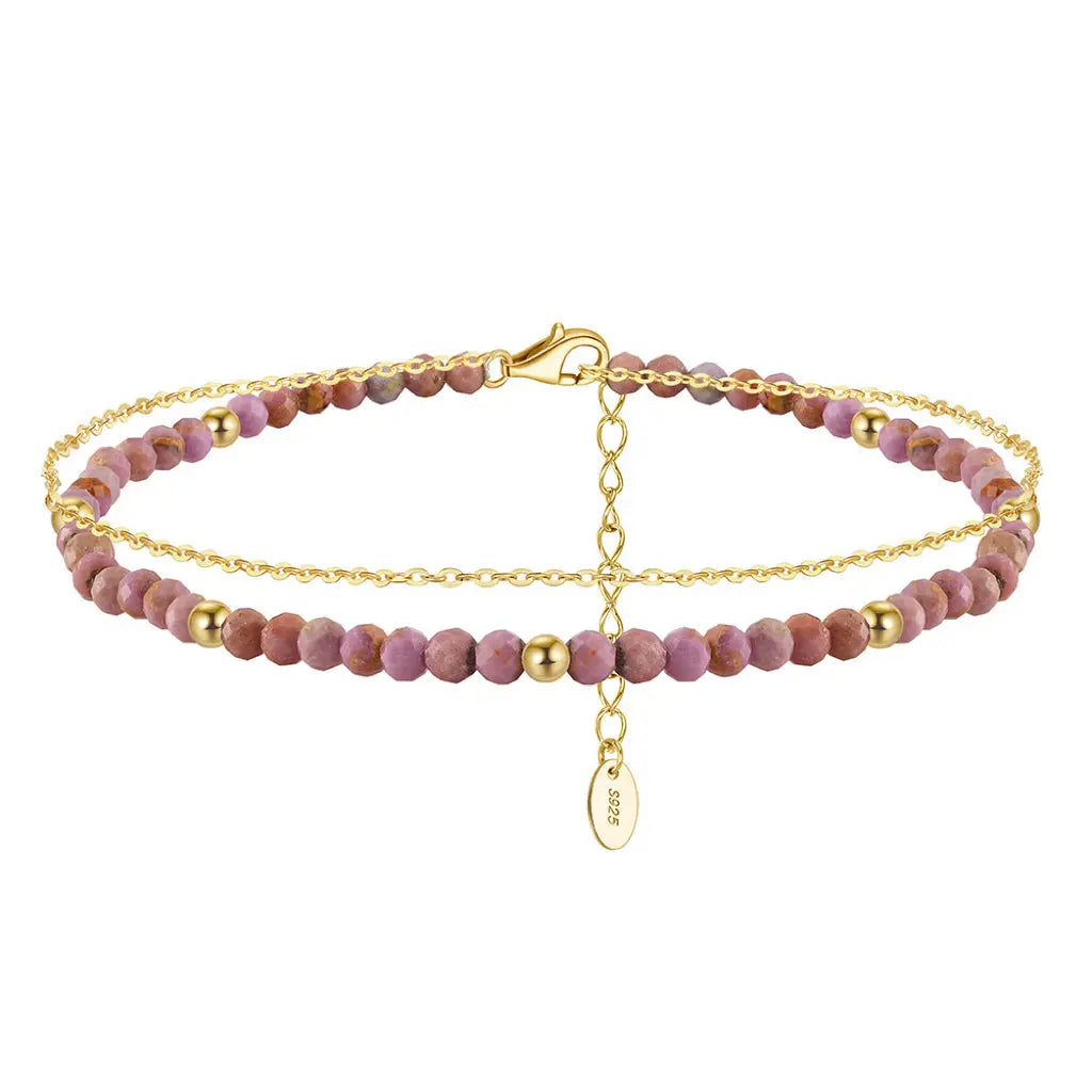 14K Gold Plated 925 Sterling Silver Purple Mica Double Anklet TQ
