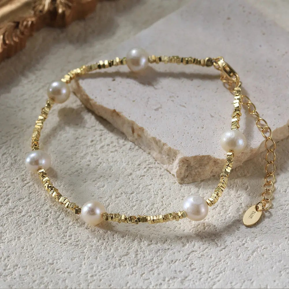 Cultured Freshwater Pearl Irregular 925 Silver Vintage Bracelet TQ
