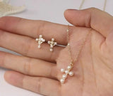 Cultured Freshwater Pearl 14K Gold Plated 925 Sterling Silver Cross Earrings Pandent Necklace TQ