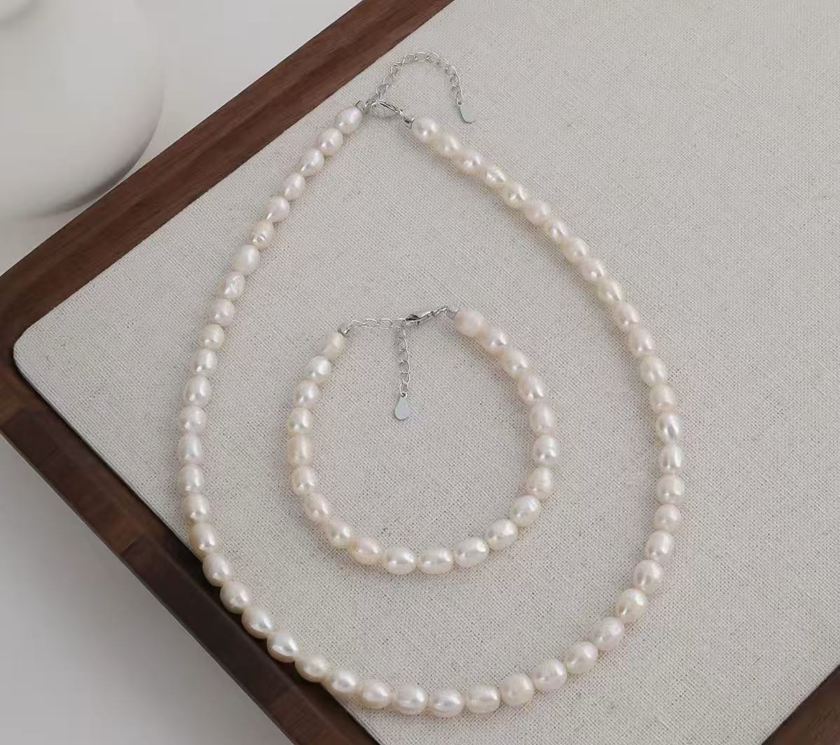 S925 sterling silver natural freshwater pearl high color value simple soft temperament necklace bracelet suit wholesale TWINKLE QUEEN