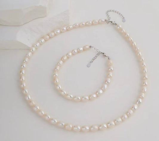 S925 sterling silver natural freshwater pearl high color value simple soft temperament necklace bracelet suit wholesale TWINKLE QUEEN