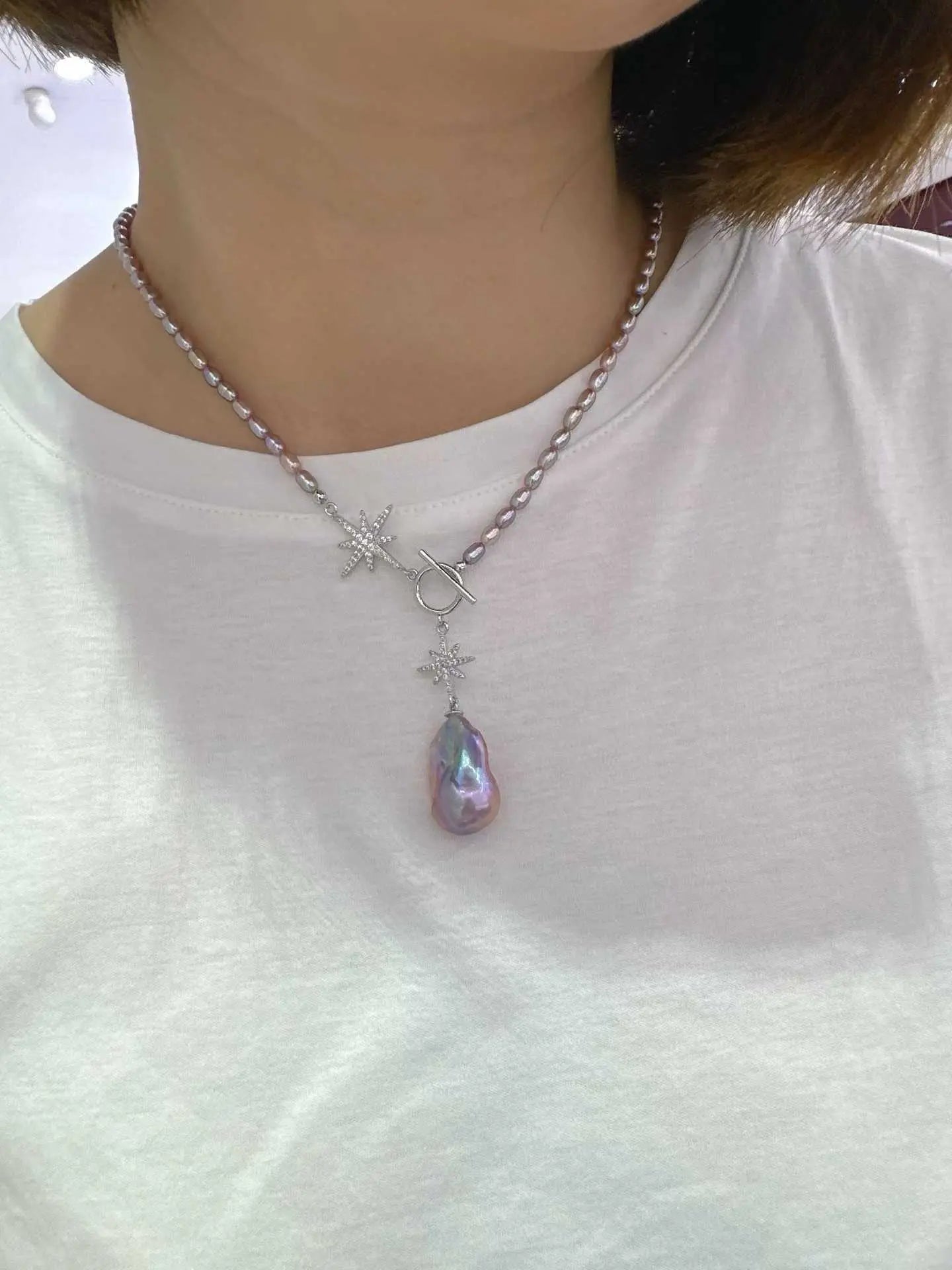 Netural Pearl with 925 Silver Necklace Freshwater baroque pearl lavender and pink pendant, French style, simple and elegant for women. TWINKLE QUEEN